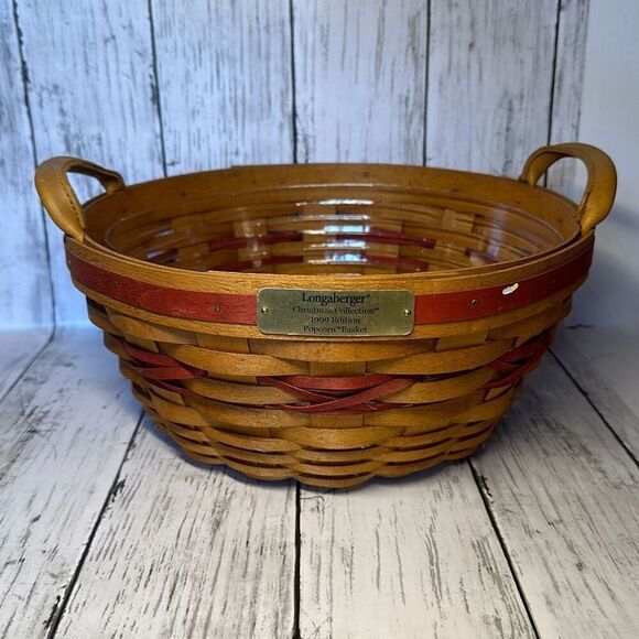 Longaberger Christmas Collection 1999 Edition Popcorn Basket & Protector RED - Picture 1 of 7